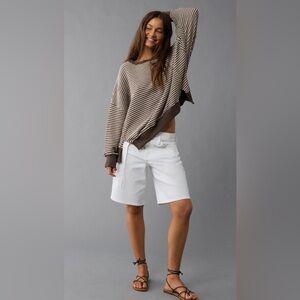 American Eagle Big Hug Waffle Striped Oversized Sweatshirt In Brown Size XS